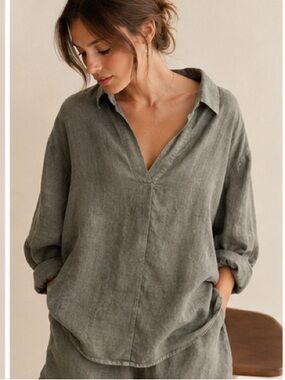 Suzy D London 100% Linen Dolman Top Moss Green Gray Size small Medium oversized